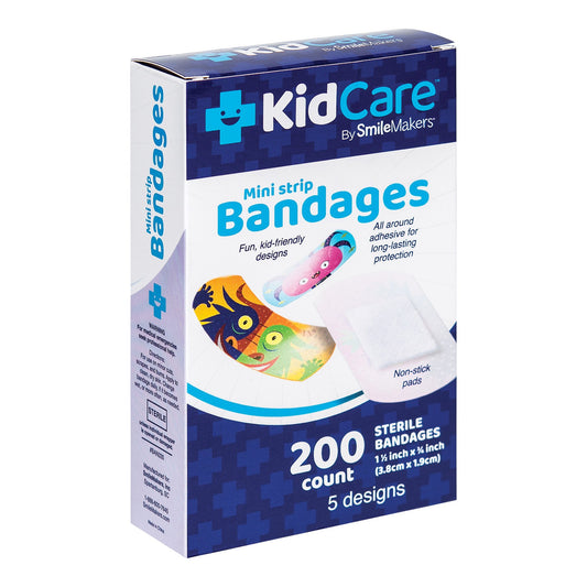 KidCare Plastic Adhesive Strips Monsters Design 3/4 x 1-1/2 Inch Sterile Pediatric Mini Bandages