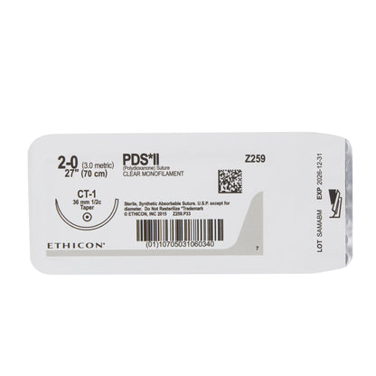 PDS II Polydioxanone Absorbable Monofilament Suture with CT-1 1/2 Circle Taper Point Needle Size 2-0, 27 Inch Sterile