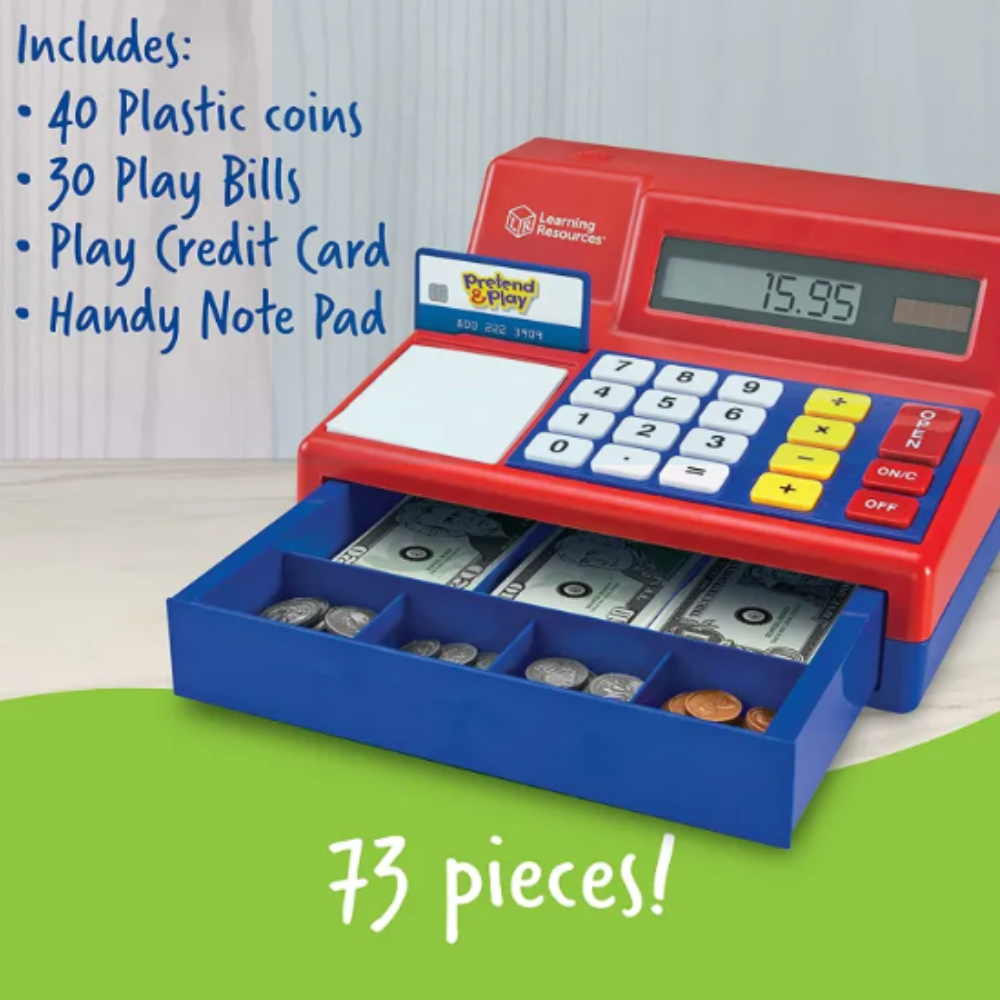 Learning Resources Pretend & Play Calculator Cash Register – 73-Piece Toy Cash Register with Play Money, Ages 3+