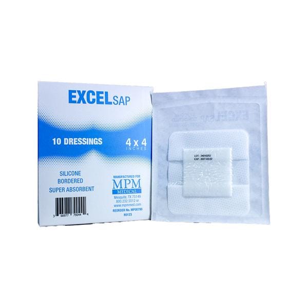 Excel SAP Super Absorbent Dressing with Silicone Adhesive, 4 x 4 Inch, Sterile – Square with Border
