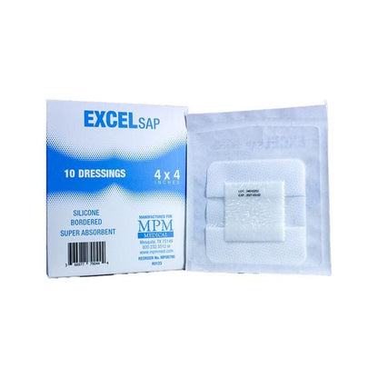 Excel SAP Super Absorbent Dressing with Silicone Adhesive, 4 x 4 Inch, Sterile – Square with Border