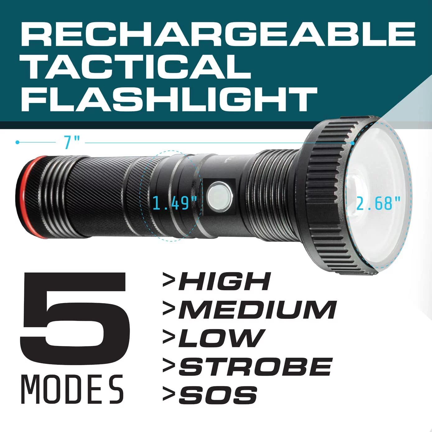 Taclight Max by Bell Howell Rechargeable LED Tactical Flashlight with 5 Modes