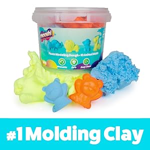 Moosh! Fluffy Modeling Clay – Soft Foam Non-Drying Clay with 10 Animal Molds (Blue/Yellow, 6.4oz)
