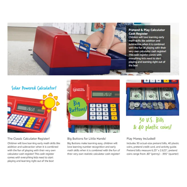 Learning Resources Pretend & Play Calculator Cash Register – 73-Piece Toy Cash Register with Play Money, Ages 3+
