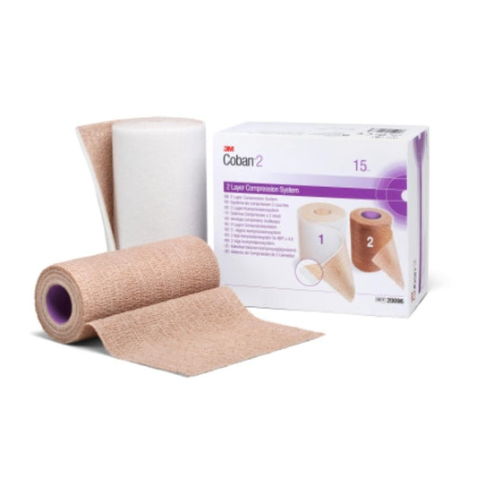 2 Layer Compression Bandage System 3M Coban 2 6 Inch X 3-4/5 Yard / 6 Inch X 4-9/10 Yard Self-Adherent Closure Tan / White NonSterile 35 to 40 mmHg