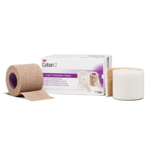 2 Layer Compression Bandage System 3M Coban 2 2 Inch X 1-3/10 Yard / 2 Inch X 3 Yard Self-Adherent Closure Tan / White NonSterile 35 to 40 mmHg