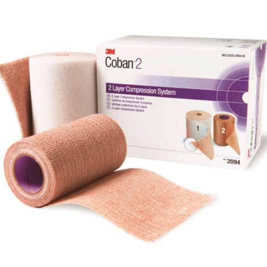 2 Layer Compression Bandage System 3M Coban 2 2-9/10 Yard X 4 Inch / 4 Inch X 5-1/10 Yard Self-Adherent / Pull On Closure Tan / White NonSterile 35 to 40 mmHg