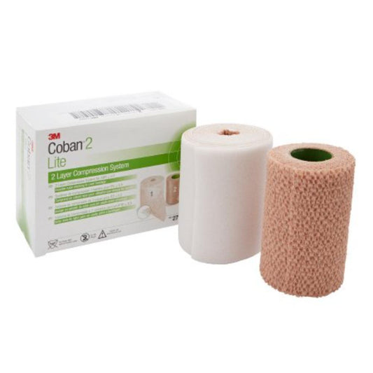 2 Layer Compression Bandage System 3M Coban2 Lite 4 Inch X 2-9/10 Yard / 4 Inch X 5-1/10 Yard Self-Adherent / Pull On Closure Tan / White NonSterile 25 to 30 mmHg