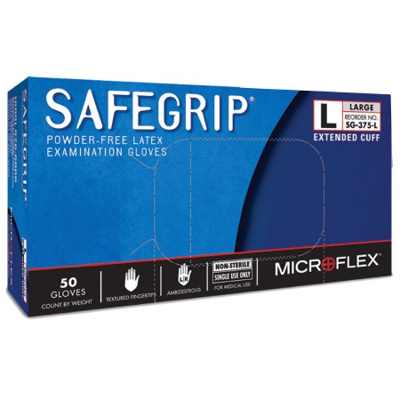 Exam Glove SafeGrip NonSterile Latex Extended Cuff Length Textured Fingertips Blue Chemo Tested