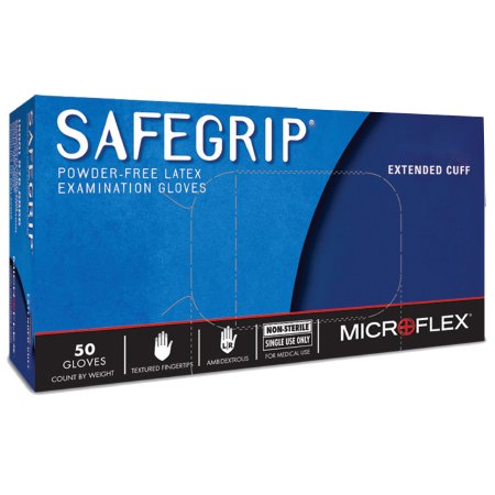 Exam Glove SafeGrip NonSterile Latex Extended Cuff Length Textured Fingertips Blue Chemo Tested