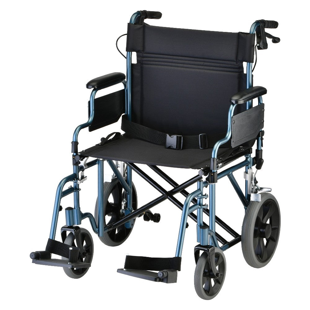 Heavy Duty Transport Chair With 12" Wheels, Hand Brakes, Removable Arms - 22" Extra Wide With Swing