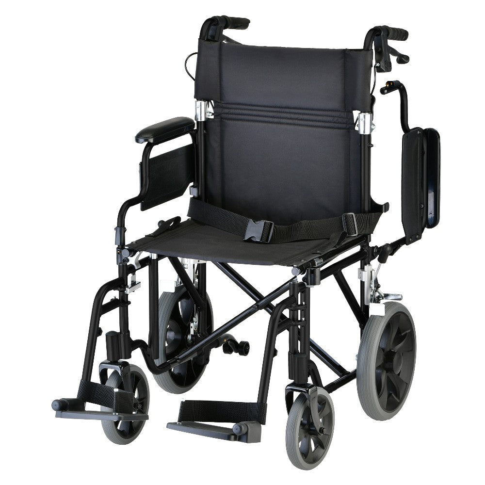 Lightweight Transport Chair With 12" Rear Wheels, Hand Breaks, Removeable Arms - 19" With Swing Awa
