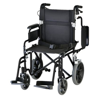 Lightweight Transport Chair With 12" Rear Wheels, Hand Breaks, Removeable Arms - 19" With Swing Awa