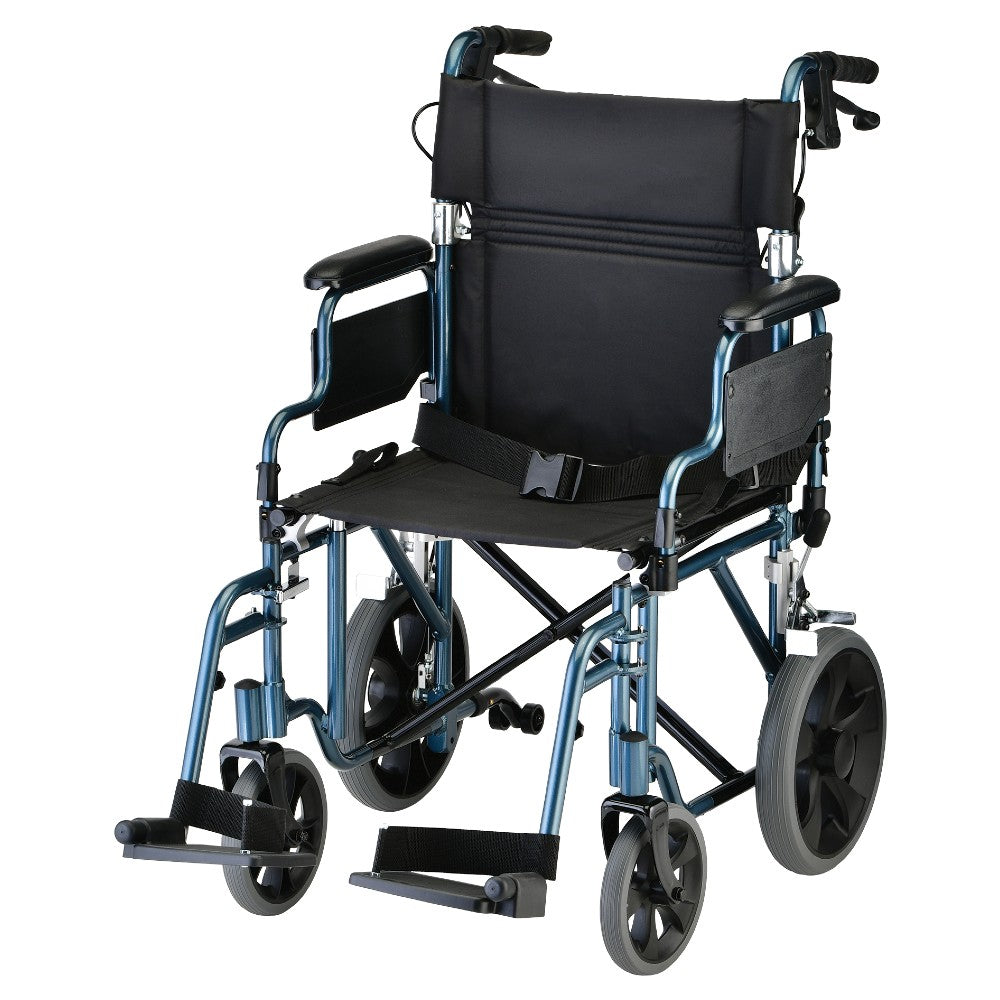 Lightweight Transport Chair With 12" Rear Wheels, Hand Breaks, Removeable Arms - 19" With Swing Awa