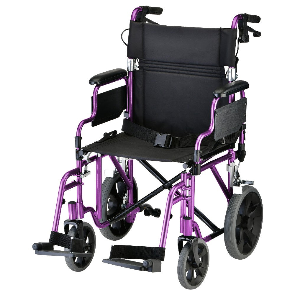 Lightweight Transport Chair With 12" Rear Wheels, Hand Breaks, Removeable Arms - 19" With Swing Awa