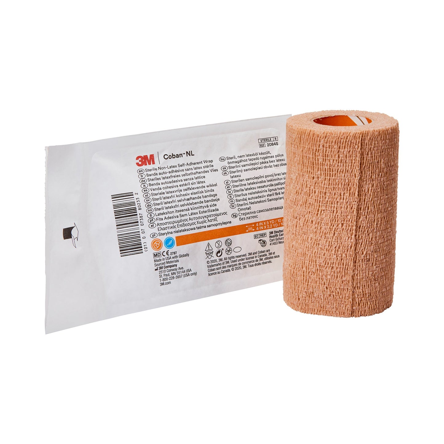 3M Coban LF Sterile Cohesive Bandage 4 Inch x 5 Yard Self-Adherent Tan Standard Compression