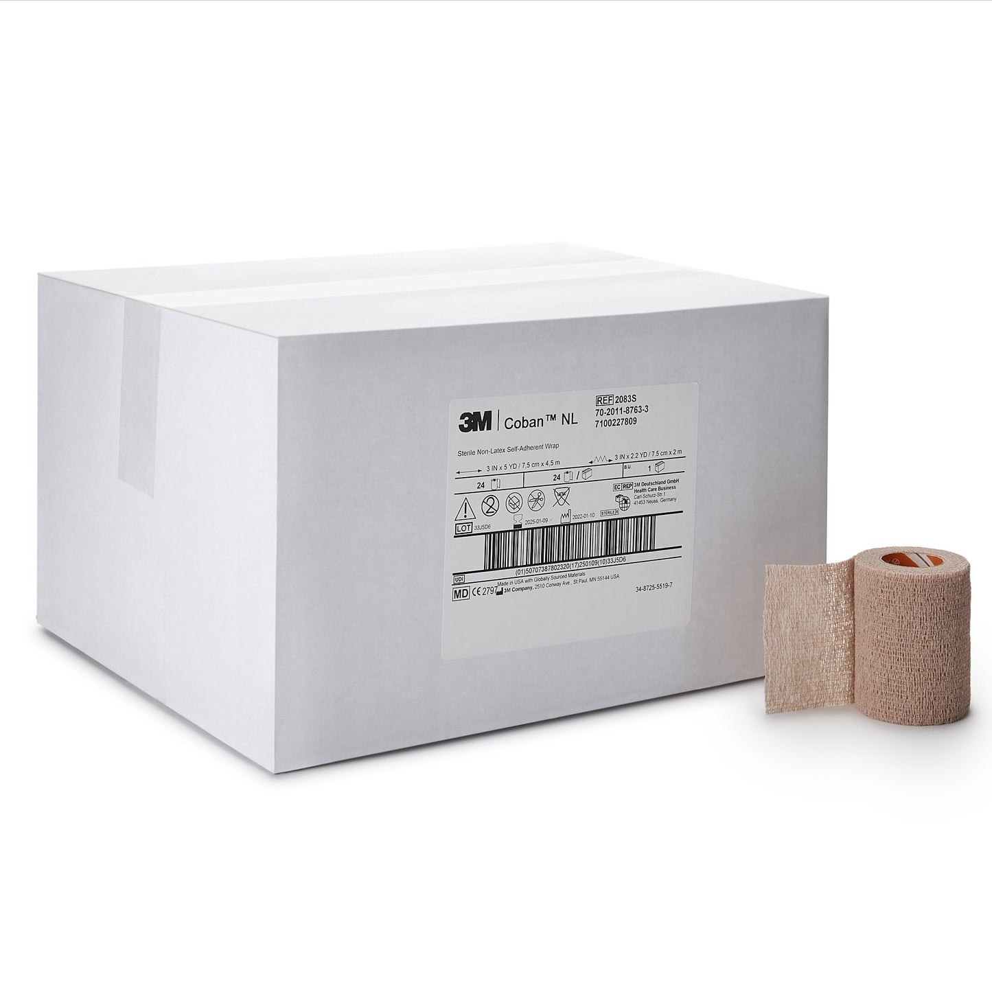 3M Coban LF Sterile Cohesive Bandage 3 Inch x 5 Yard Self-Adherent Tan Standard Compression