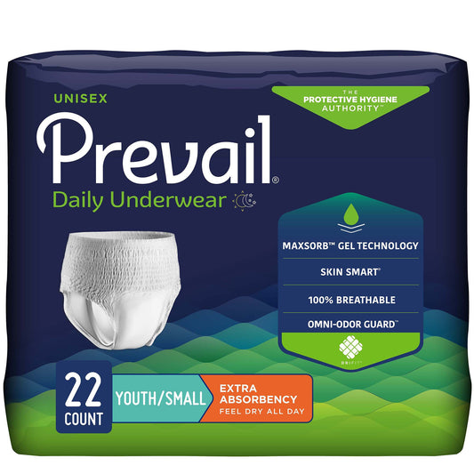Unisex Youth Absorbent Underwear Prevail Daily Underwear Pull On with Tear Away Seams Small Disposable Moderate Absorbency
