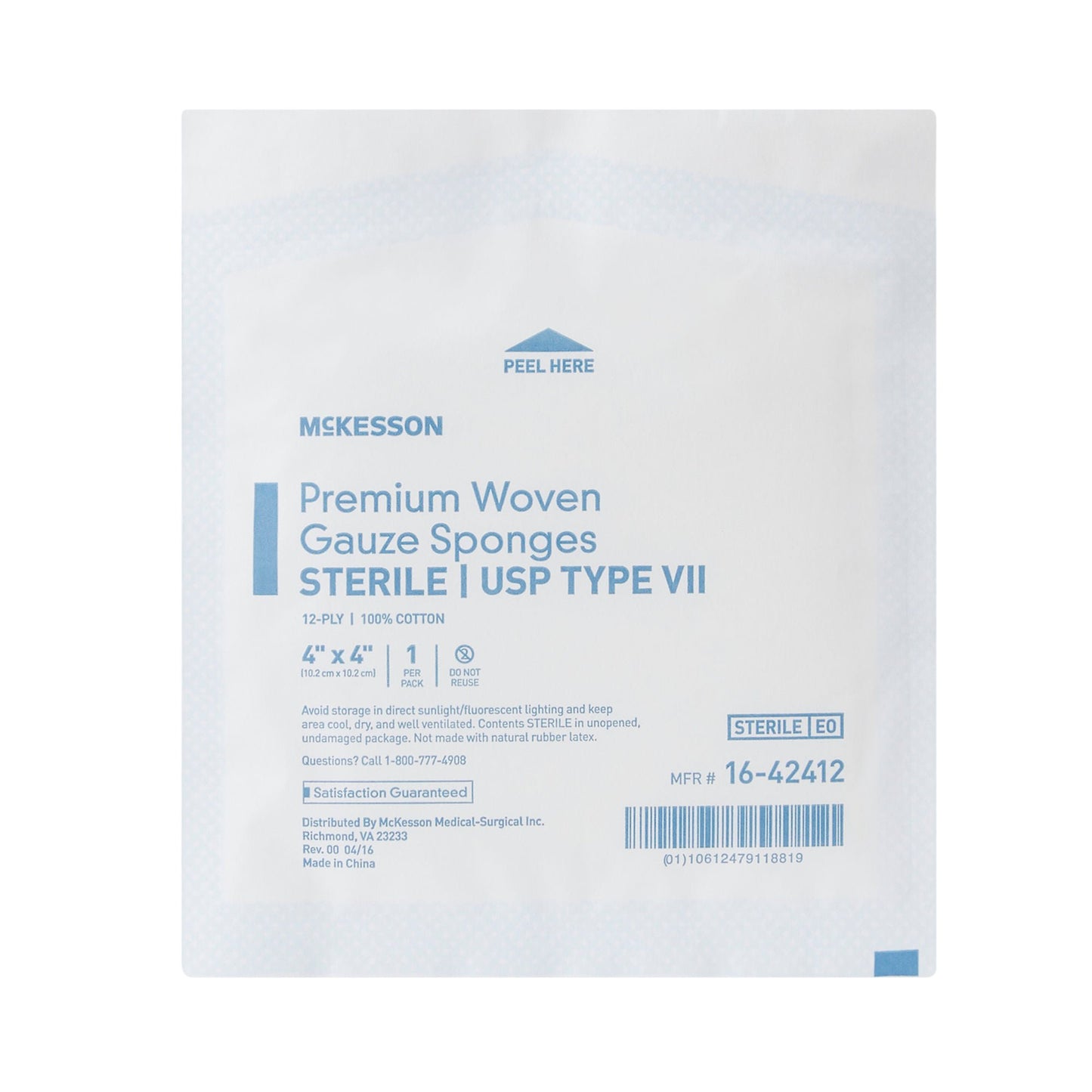 McKesson Sterile Gauze Sponge 4 x 4 Inch 12-Ply USP Type VII 1 Per Pack