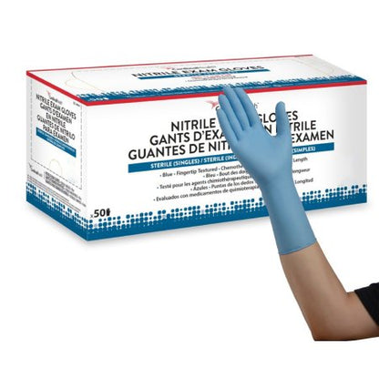 Exam Glove Flexam Sterile Single Nitrile Extended Cuff Length Textured Fingertips Blue Chemo Tested