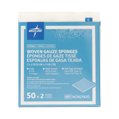 Medline Sterile Gauze Sponge 2 x 2 Inch 8-Ply USP Type VII Gauze 2 Per Pack