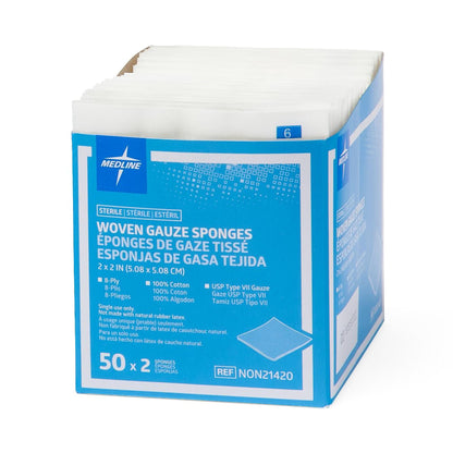 Medline Sterile Gauze Sponge 2 x 2 Inch 8-Ply USP Type VII Gauze 2 Per Pack