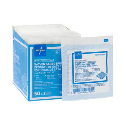 Medline Sterile Gauze Sponge 2 x 2 Inch 8-Ply USP Type VII Gauze 2 Per Pack