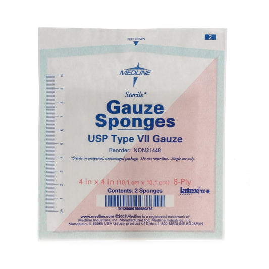 Medline Sterile Gauze Sponge 4 x 4 Inch 8-Ply USP Type VII Gauze 2 Per Pack