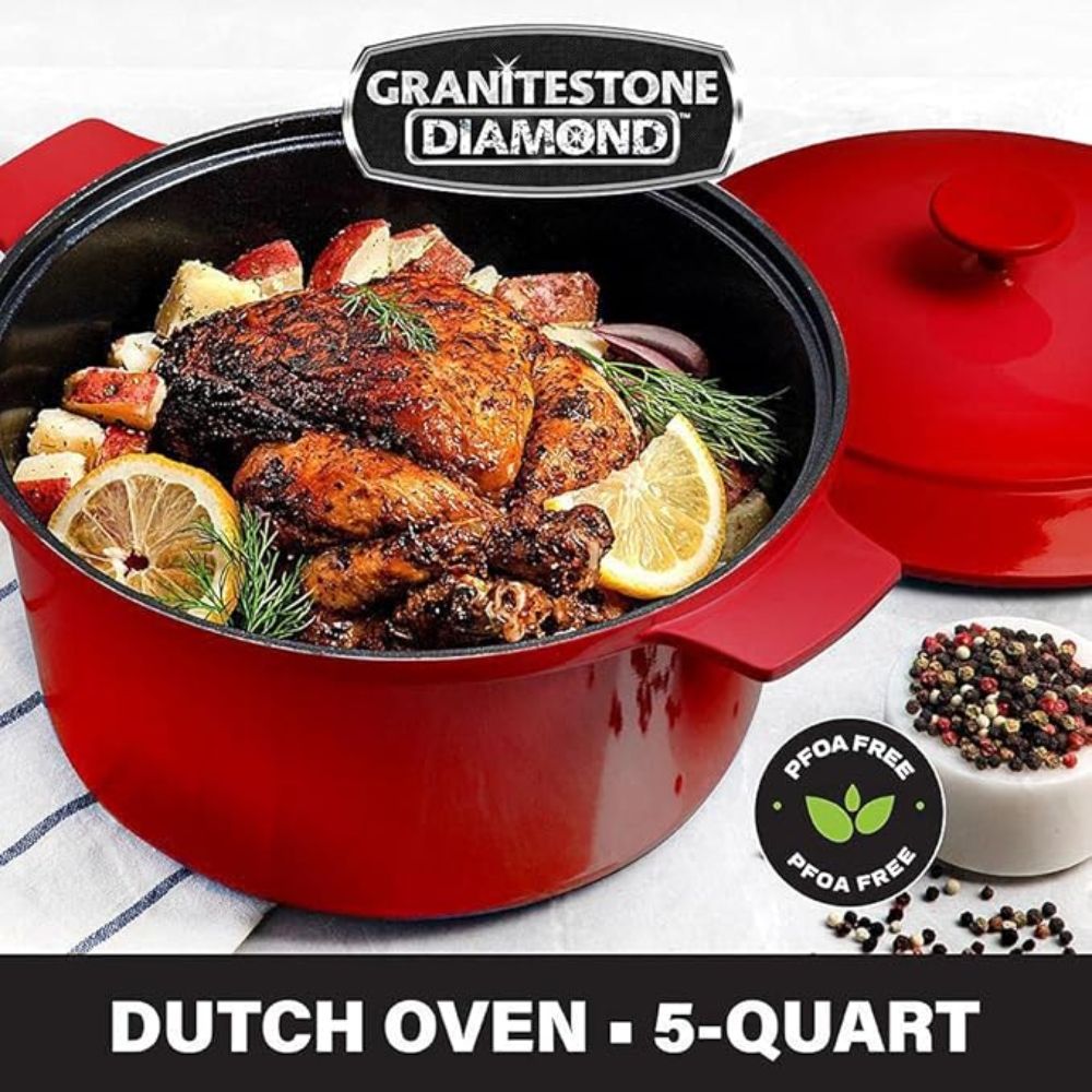 Granitestone Diamond 5QT Dutch Oven Pot with Lid – Ultra Nonstick, Mineral & Diamond Coating, Self-Basting Lid, Metal Utensil Safe, PFOA-Free