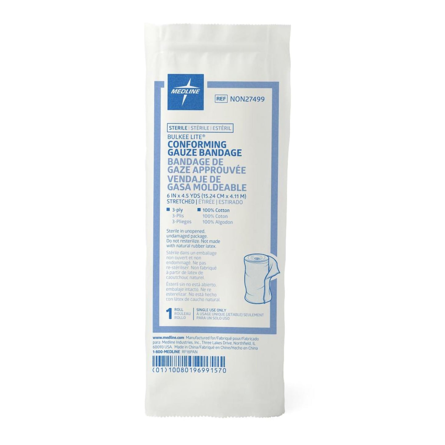 Bulkee Lite Fluff Bandage Roll 6 Inch x 4.5 Yard Sterile 3-Ply Cotton