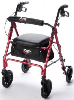 4 Wheel Rollator Carex Red Adjustable Height / Folding Aluminum Frame