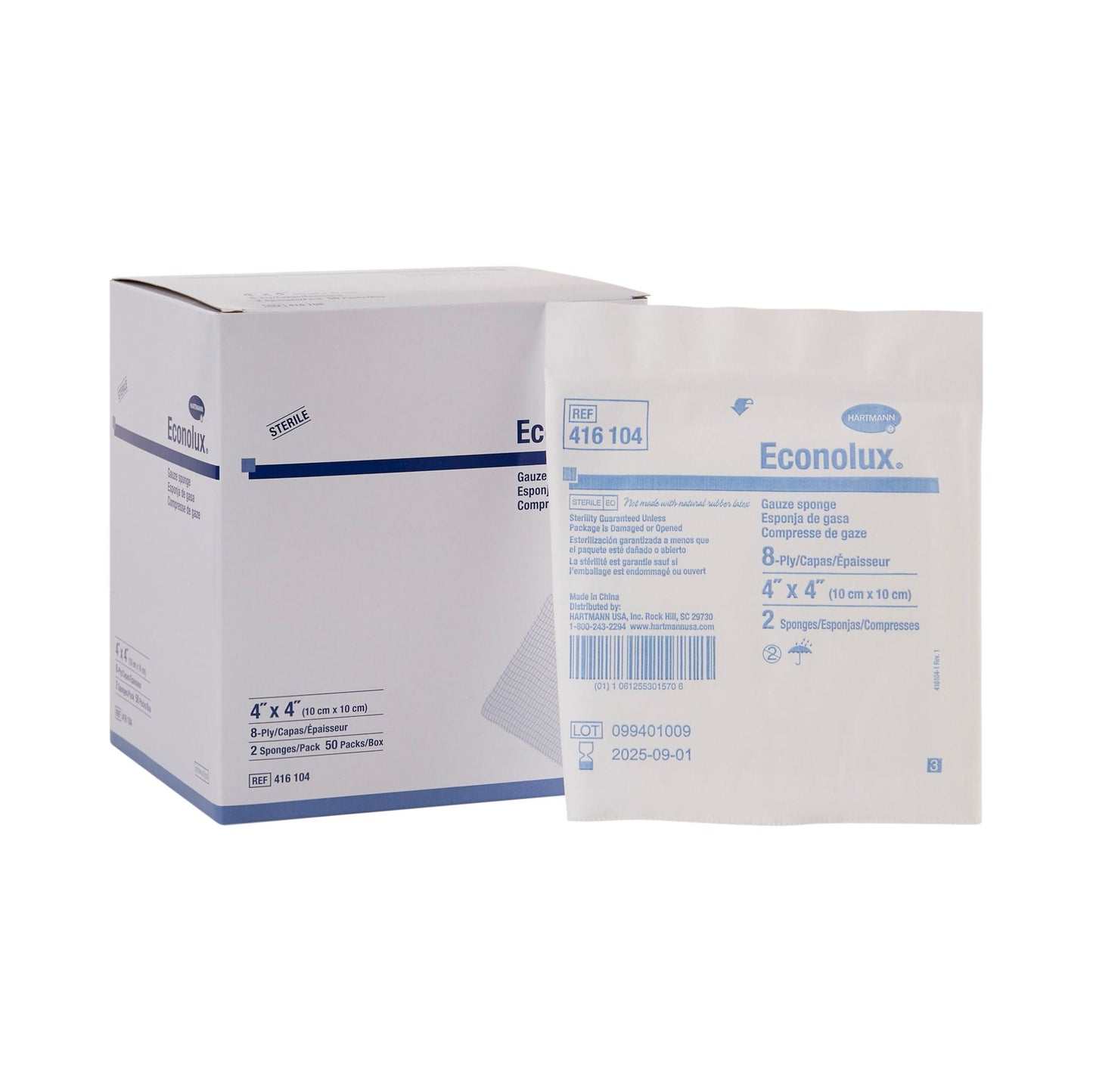 Econolux Gauze Sponge 4 x 4 Inch 8-Ply Sterile – 2 per Pack