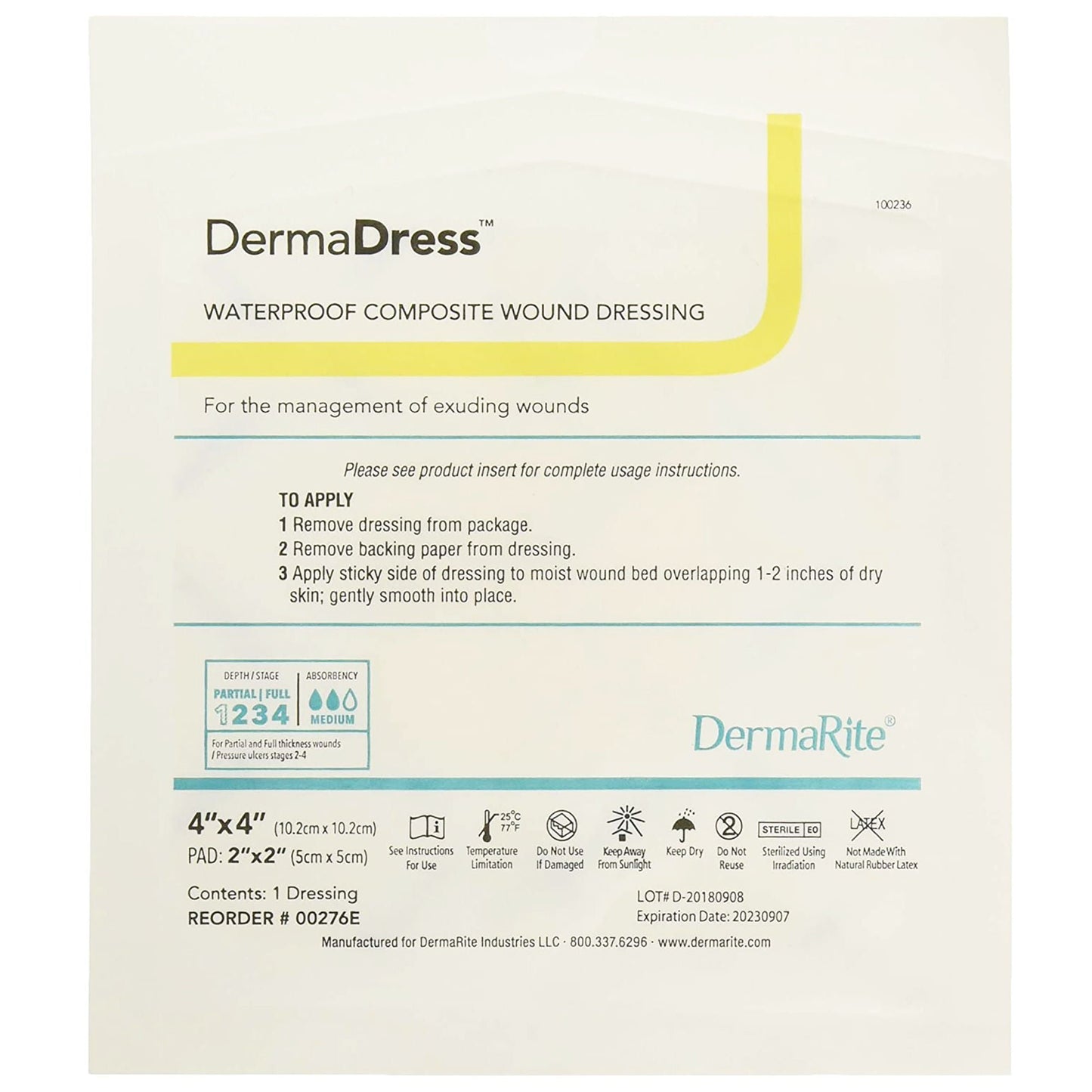 DermaDress Composite Dressing 4 x 4 Inch Sterile Waterproof Film Backing