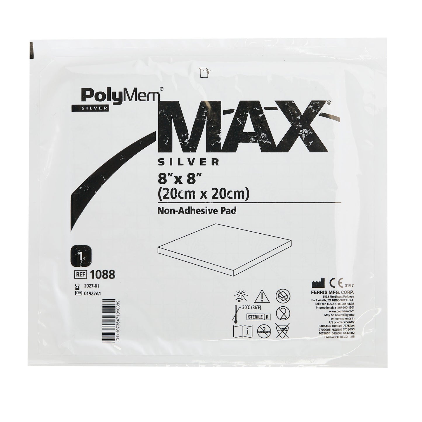 PolyMem MAX Silver Foam Dressing 8 x 8 Inch Square Sterile