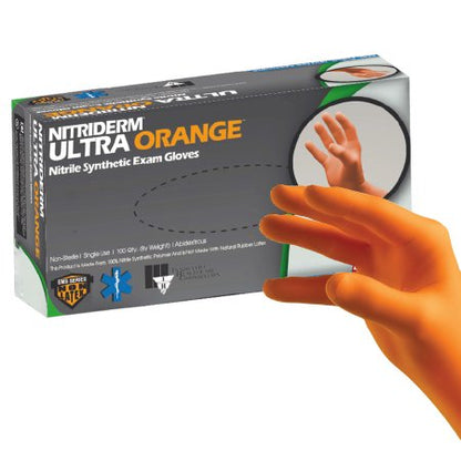 Exam Glove NitriDerm Ultra NonSterile Nitrile Standard Cuff Length Fully Textured Orange and White Chemo Tested / Fentanyl Tested