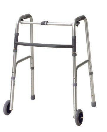 Dual Release Folding Walker with Wheels Adjustable Height Aluminum Frame 350 lbs. Weight Capacity 32 to 39 Inch Height