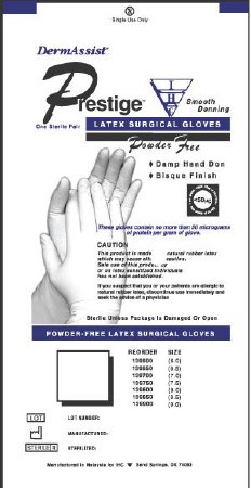 Surgical Glove DermAssist Prestige DHD Sterile Latex Standard Cuff Length Smooth Ivory Not Chemo Approved