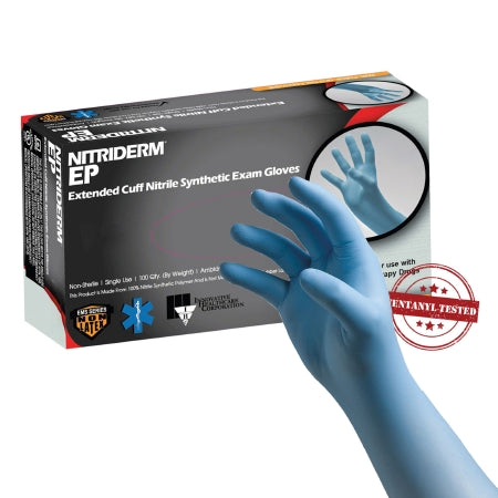 Exam Glove NitriDerm EP NonSterile Nitrile Extended Cuff Length Fully Textured Blue Chemo Tested / Fentanyl Tested