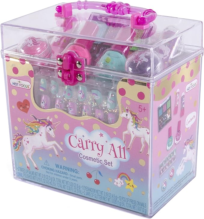 Carry All Cosmetic Set Caticorn - Unicorn-Themed Makeup Kit for Kids with Press On Nails, Lip Balms, Glitter, and More!