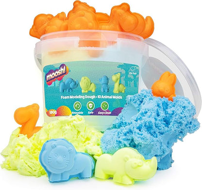 Moosh! Fluffy Modeling Clay – Soft Foam Non-Drying Clay with 10 Animal Molds (Blue/Yellow, 6.4oz)