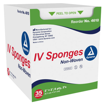 Dynarex IV Sponge 2 x 2 Inch Sterile 6-Ply Nonwoven IV Dressing 2 per Pack