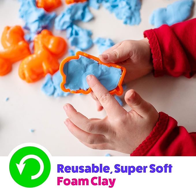 Moosh! Fluffy Modeling Clay – Soft Foam Non-Drying Clay with 10 Animal Molds (Blue/Yellow, 6.4oz)