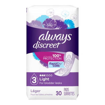 Always Discreet Bladder Control Pads – Light to Heavy Absorbency, Thin and Long Length