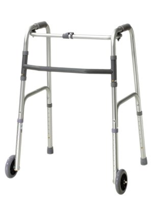 Dual Release Folding Walker with Wheels Adjustable Height Aluminum Frame 350 lbs. Weight Capacity 32 to 39 Inch Height