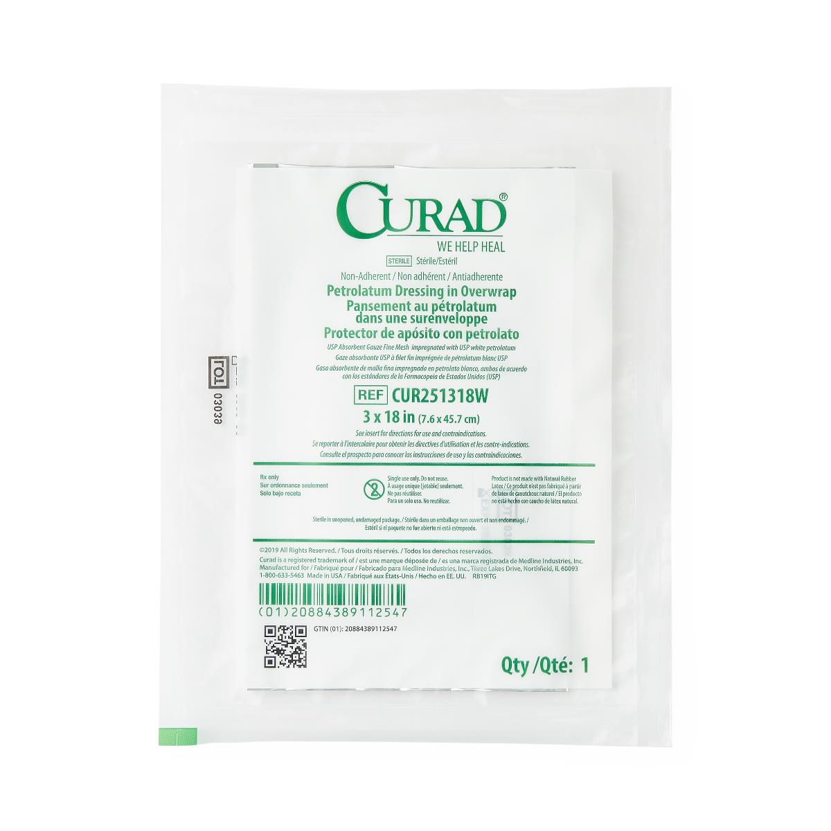 Curad Overwrap Petrolatum Impregnated Dressing 3 x 18 Inch Sterile Rectangle Gauze Dressing