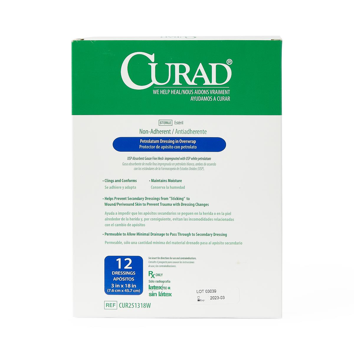 Curad Overwrap Petrolatum Impregnated Dressing 3 x 18 Inch Sterile Rectangle Gauze Dressing