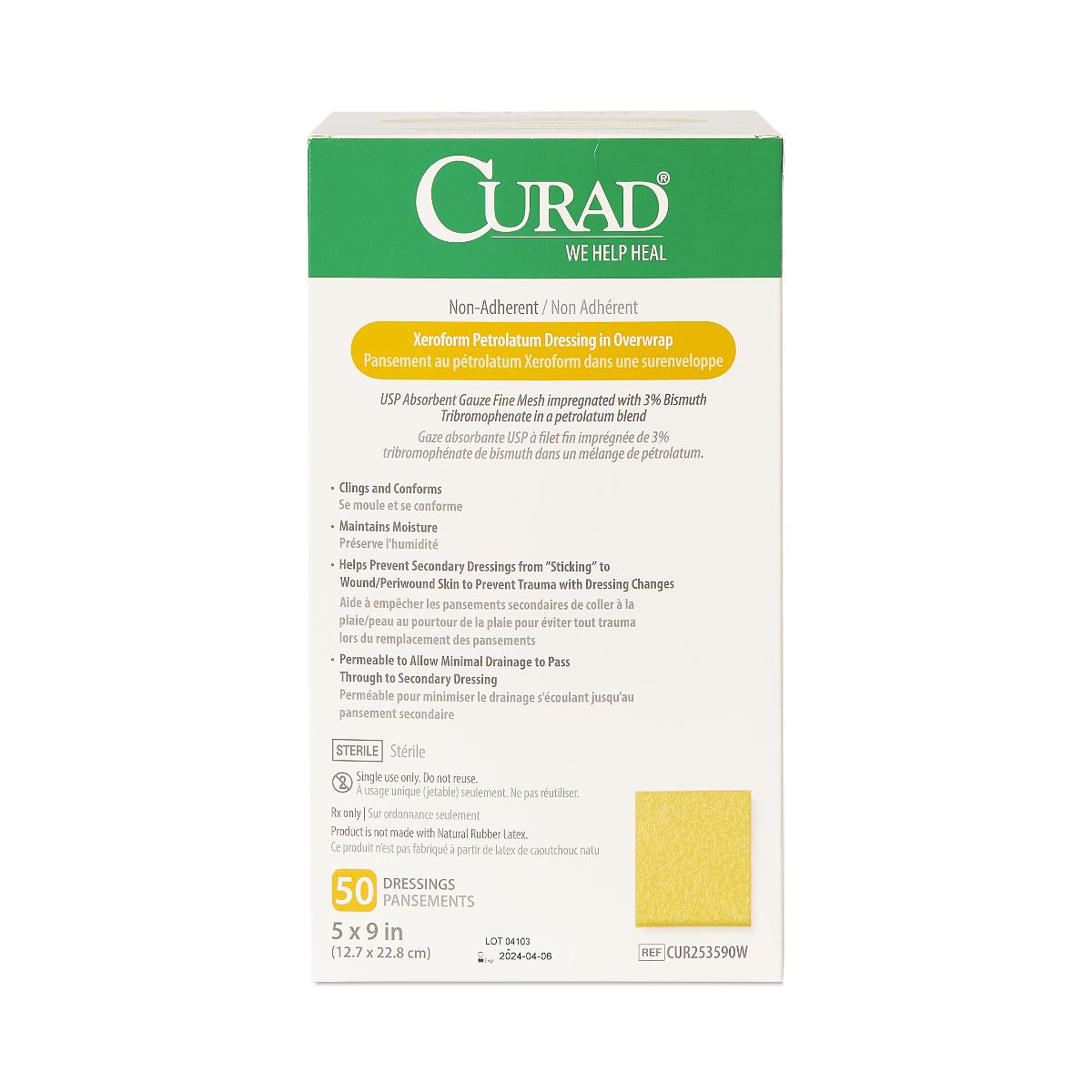 Curad Xeroform Petrolatum Impregnated Dressing 5 x 9 Inch Sterile Rectangle Gauze Dressing