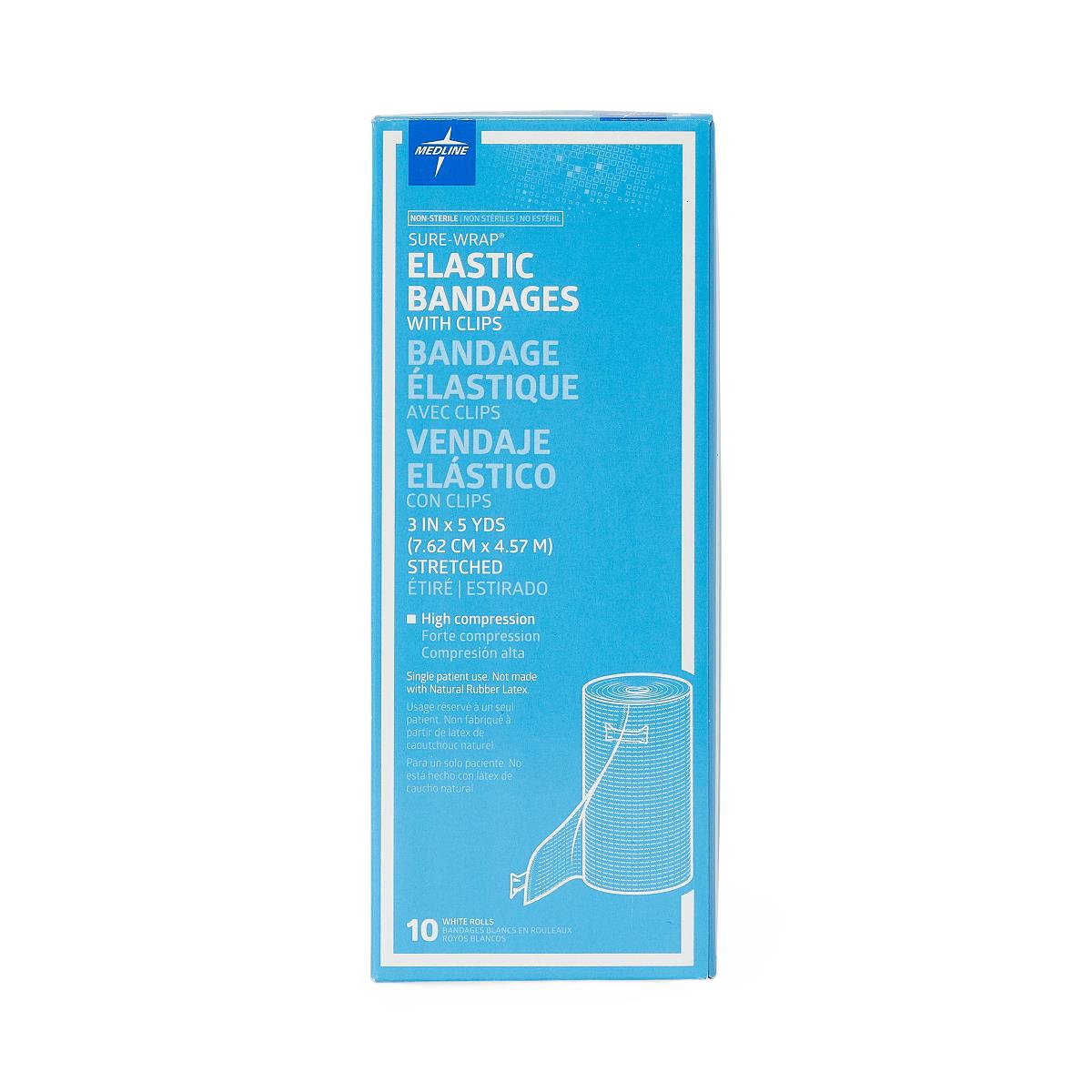 Medline Sure Wrap Elastic Compression Bandage 3 Inch x 5 Yard White Non-Sterile with Clips