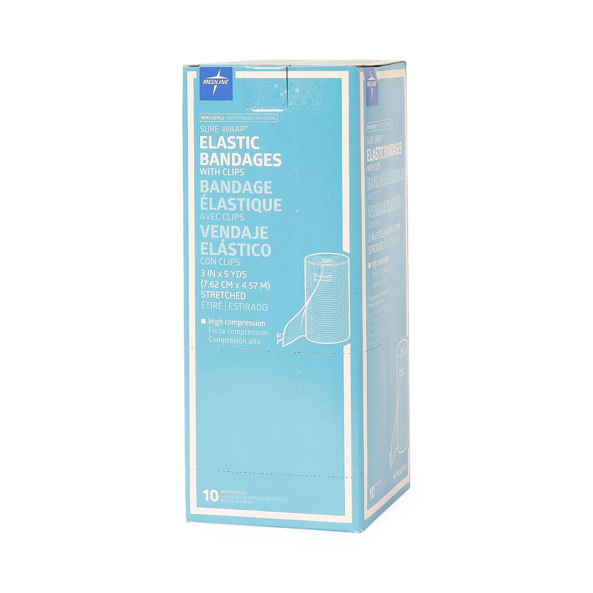 Medline Sure Wrap Elastic Compression Bandage 3 Inch x 5 Yard White Non-Sterile with Clips