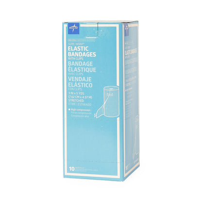 Medline Sure Wrap Elastic Compression Bandage 3 Inch x 5 Yard White Non-Sterile with Clips